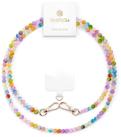 ONEFLOW Perlen Handykette Universal zum Umhängen, Handyband für Hüllen, Glitzer Perlen Kette ohne Handyhülle, Abnehmbar mit Karabiner für alle Smartphones, Chainless Paradise Pearls, Bunt