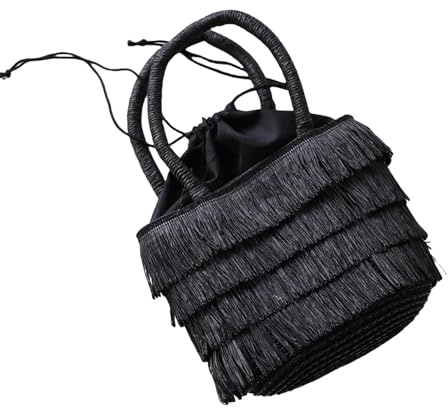 BDBDFYF Strohtaschen Damen Shopper Frühlings- Und Sommer -frauenstroh Quasten Weber Handtasche Holiday Beach Bag-schwarz-universalcode