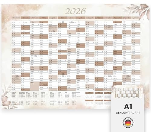 XXL Jahreskalender 2026 + Januar 2027 in A1 im beigen Design mit Ferien & Feiertagen Wandkalender Planer Kalender gefalzt geliefert für Familie Büro Schule Planung Organisation Übersicht