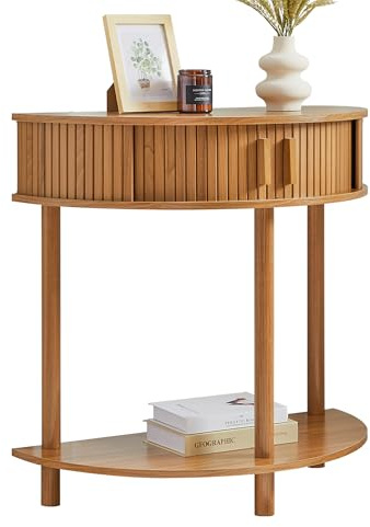Table d'entrée, tables console cannelées en demi-lune avec rangement, petites tables de canapé demi-rondes modernes du milieu du siècle pour couloir, table décorative incurvée étroite pour salon