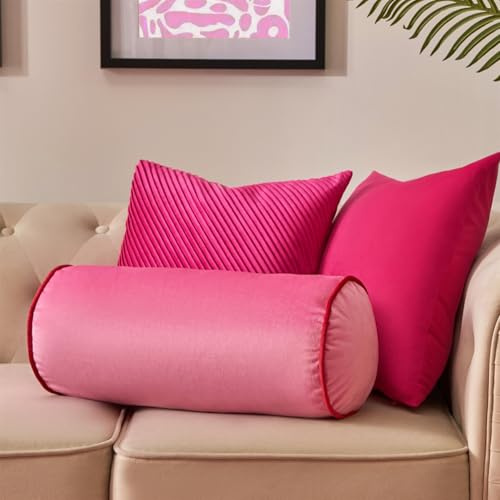 OHS Neck Roll Pillow Matte Velvet Round Bolster Pillows for Sleeping Armrest Soft Pillow Cushion Yoga Bolster Cushion for Sofa Bed, Pink/Red - 46 x 20cm