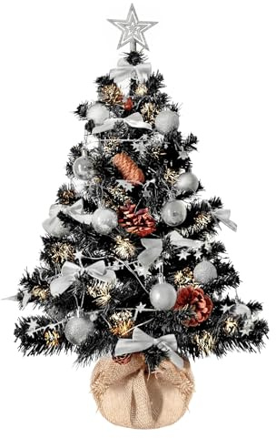 Weihnachtsbaum künstlich (WBD) 90 cm schwarz mit Weihnachtsdeko Silber und Led Lichterkette mit Batteriebox und Fernbedienung künstlicher Christbaum klein Tannenbaum