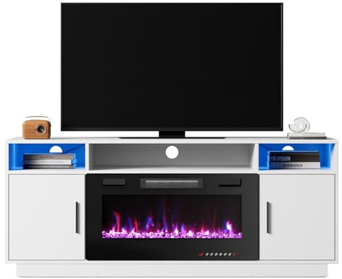 INMOZATA Electric Fireplace TV Stand, Entertainment Center Console Table for 75 TVs with RGB LED Lights, Electric Fire with Remote Control, 12 Flame Colors, Adjustable Thermostat, 900W&1800W-White