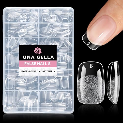 UNA GELLA Short Square & Squoval Nail Tips 216pcs Full Cover Gel Nails Tips | Pre-Etched Short Square Round Oval Press on Nails Squoval Clear Acrylic Fake Tips for Nail Extensions Home DIY Salon 12 Sizes