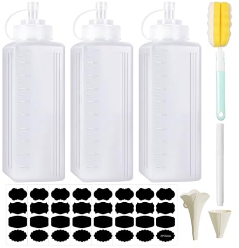 Squeeze Bottle Botella Salsa Frasco Blando Exprimible Set 3 1000ml | Escala Clara, Boquilla Punta Ancha, Cocina, Condimentos, Ketchup, Mostaza, Mayonesa, BBQ