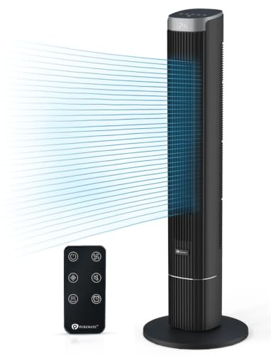 PureMate 43-Inch Tower Fan with Remote Control, Oscillating Bladeless Cooling Fan, 4 Speeds & 4 Wind Modes, 12 Hour Timer, LED Display, Portable Quiet fan for Bedroom Office and Home - Black