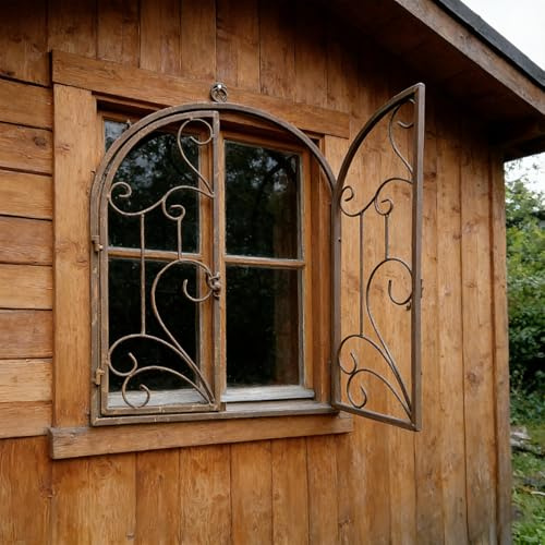 BOOMLATU Rustikale Deko-Fenster mit Halbbogen zum Öffnen Eisen Sprossen-Fenster Scheunenfenster Fensterrahmen Fenster Attrappe Ranken Optik Wanddekor für Gartendeko Landhausstil Rost