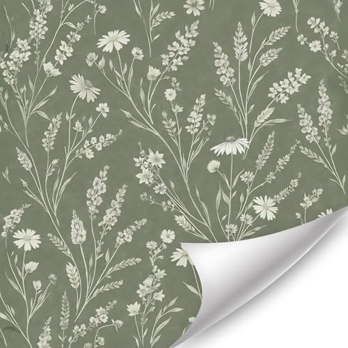 TOARTI Grün Pflanzen Blumen Tapete Natürliche Wildblumen Tapete in sanftem Grün Boho Stil Wandsticker für Schlafzimmer Selbstklebende Blätter Pflanzen Wandaufkleber für Wohnzimmer Möbel 44x300CM