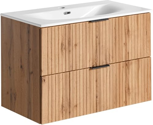 WFL GROUP Waschtischunterschrank mit Integriertem Keramik-Waschbecken – Wandhängend, Geriffelte Soft-Close-Schubladen, Rillenfronten in Eiche Hell Braun – 80 cm Breit