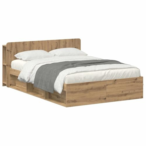 vidaXL Bettgestell mit Stauraum Artisan-Eiche 135 x 190 cm, Moderne Schlafzimmermöbel, rechteckiger Holz-Bettrahmen, praktische Aufbewahrung, minimalistischer Stil