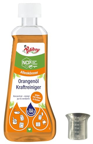 POLIBOY NCP Orangenöl Kraftreiniger - Fettlöser für Haushalt, Küche & Werkstatt - Gegen Eingebranntes, Klebstoffe, Farben & Fette - Starker Allzweckreiniger - 1x 200 ml - Mit Dosierbecher
