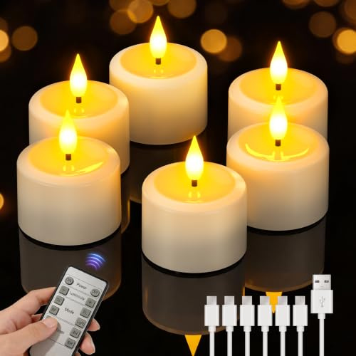 Yme 6er LED Teelichter Wiederaufladbar 3,5 cm mit Fernbedienung Timer | Mini Teelichter LED Aufladbar Wiederaufladbare Kerzen mit Timerfunktion für Halloween Weihnachten Zimmer Tisch Laterne Deko