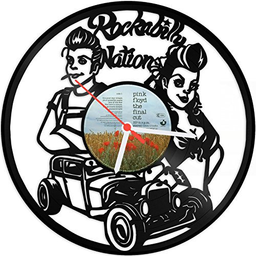 GRAVURZEILE Wanduhr aus Vinyl - Rockabilly Upcycling Design - Handmade Vintage-Uhr - Wanddekoration im Retro-Design - Geschenk für Sie & Ihn - Made in Germany