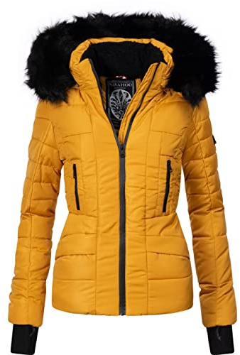 Navahoo Damen Winterjacke Steppjacke Adele mit Kunstfellkapuze | Länge: po-bedeckend | Wärmegrad 3 von 3 – warm gefüttert | wasserabweisend | abnehmbare Kapuze mit Kunstfellbesatz