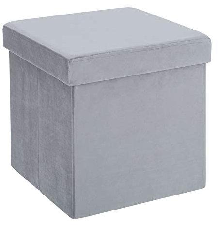 Hodge and Hodge Light Grey Folding Storage Ottoman 38cm Cube With Plush Velvet Fabric Cover Padded Lid Ideal Extra Seat Foot Stool Toy Box Magazine Tidy Home Towel Bedroom Linen Hamper 40L Capacity