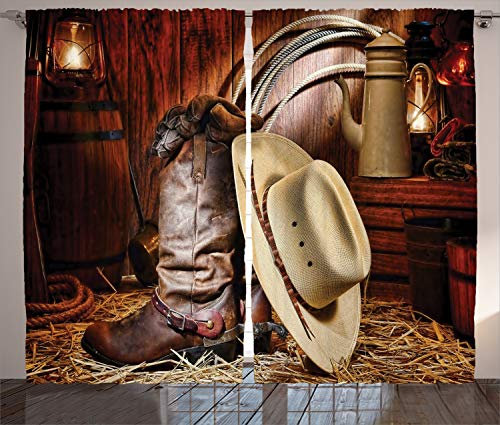ABAKUHAUS Western Rustikaler Gardine, Amerika Retro Rodeo, Schlafzimmer Kräuselband Vorhang mit Schlaufen und Haken, 280 x 175 cm, Beige Braun