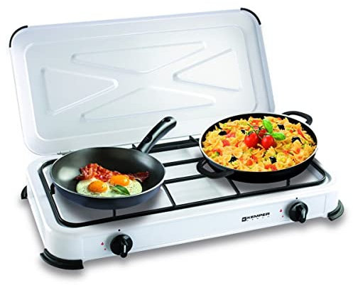 KEMPER - Réchaud gaz portable 2 feux 2600W Blanc laqué Couvercle Plaque de cuisson