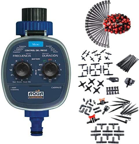 Aqua Control C4099O Programador de Riego + Pack de Goteo para riego Gota + Pack Básico de Accesorios de 4 mm + Pack Básico de Accesorios de 16 mm. para Todo Tipo de riego por Goteo Gota