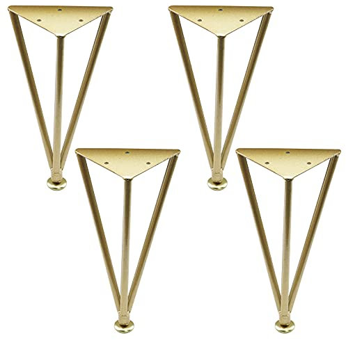 Geesatis 4 Pcs Hairpin Furniture Table Legs Height 10 inch / 250 mm Metal Adjustable 3 Rod Coffee Table Legs Feet Replacement, Gold, with Mounting Screws