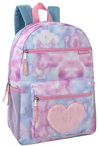 Trail maker 43,2 cm große Kinder-Schulrucksäcke aus Plüsch für Mädchen mit Seitentaschen, gepolsterten Trägern, Plüschtiedye-Herz, Medium, Auf Reisen