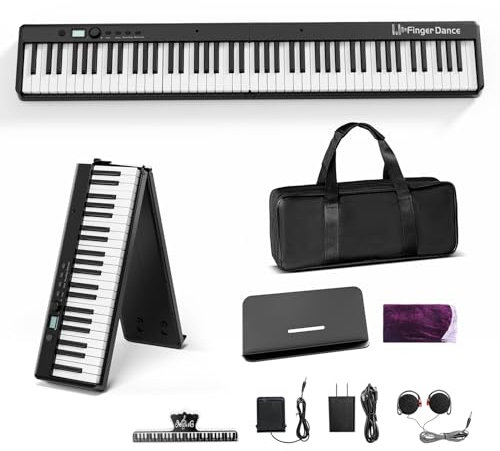 Finger Dance Teclado de piano plegable de 88 teclas, teclado eléctrico portátil con Bluetooth MIDI, piano digital de tamaño completo, grano de madera, semipesado, sensible al tacto, con bolsa de