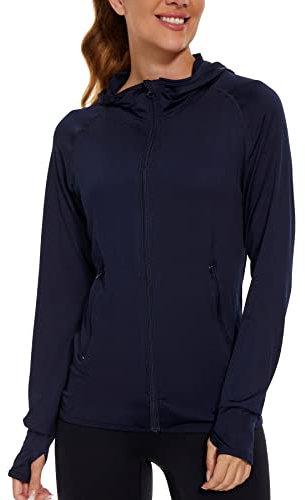 AMZSPORT Felpa Donna con Zip, Giacca Running Sportiva con Cappuccio, Blu Navy L