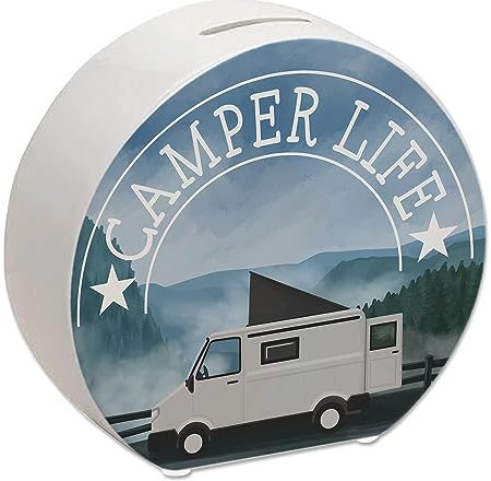 Camper Life mit Campervan Spardose Sparbüchse für das Vanlife Leben in Freiheit und in der Natur unterwegs mit dem Campervan sparen Reisen um die Welt