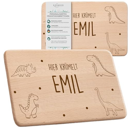 KIDSMOOD - Individuelles Schneidebrett Holz | Frühstücksbrettchen mit Dinosaurier Motiv und Namen | Personalisierte Geschenke für Kinder, Taufgeschenk Mädchen & Jungen [Dino-22x14 cm]
