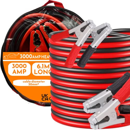 Xtremeauto Heavy Duty Jump Leads 6.1M 3000 Amp Battery Booster Jump Starter Pack Colour Coded Positive + Negative Cables For Petrol & Diesel Start Car, Van, Tractor Trucks & Carry Case (6.1M Long)