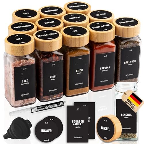 Deco haus® Gewürzgläser eckig mit Holzdeckel 12er Set [+ Etiketten & Streueinsatz] - Gewürzdosen Set Glas - Gewürzbehälter Spice Jars - Aufbewahrung - Behälter für Gewürze - Gewürzaufbewahrung