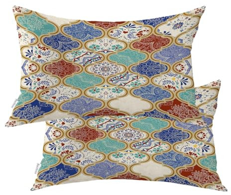 BaoNews Moroccan Trellis Outdoor Throw Pillow Covers,Turquoise Patchwork Islam Arabic Indian Water Resistant Linen Cushion Cover Hidden Zipperl Indoor Pillows for Hair Skin Lumbar 12X20 In 2 Pcs