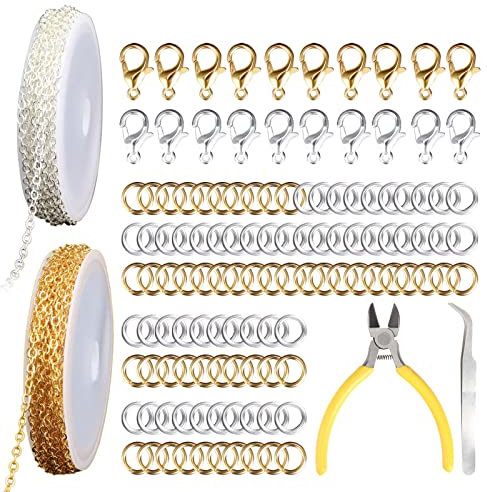Ticeed 2 STK 5m Schmuckkette Gliederkette Meterware Schmuckherstellung Kit Silber Gelb Schmuck machen Kette dünn Jewelry Link Chain mit 20 Karabinerverschluss und 100 Biegeringe für DIY Halskette 3mm