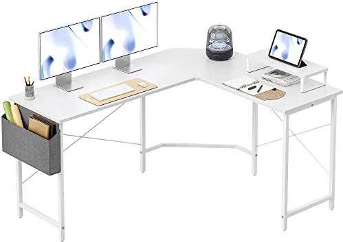 CubiCubi Gaming Tisch Eckschreibtisch 150x120cm, Schreibtisch mit Monitorständer und Seitlicher Aufbewahrungstasche, Gaming Schreibtisch L Form, Computertisch, Weiß