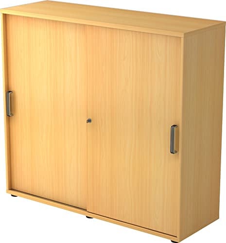 bümö Schiebetürenschrank 3OH - Aktenschrank abschließbar, Sideboard Schrank mit Schiebetüren in Buche, Streifengriff - Büroschrank aus Holz mit Schiebetür, Büro Kommode für Ordner & Co.