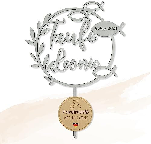 Birdart Box® Taufe Tortenstecker mit Namen – personalisierter Tortenstecker aus umweltfreundlichem Holz, stabiler Cake Topper 15cm Durchmesser (Silber)