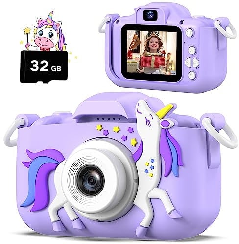 HOOMOON Einhorn Kinderkamera, 1080P HD Selfie Digitalkamera, Niedliche kleine Spielzeug für 3-12 Jahre, 32GB SD-Karte, Purpur