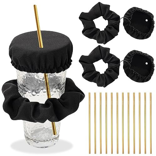 VEGCOO 2 Stück Haarband Drink Cover, Anti-Spike-Getränkedeckel Scrunchies, Getränk abdecken Haargummi Armband Set verhindert das Eindringen von Fremdkörpern in den Safe Cup, inkl. 12 Papierstrohhalme