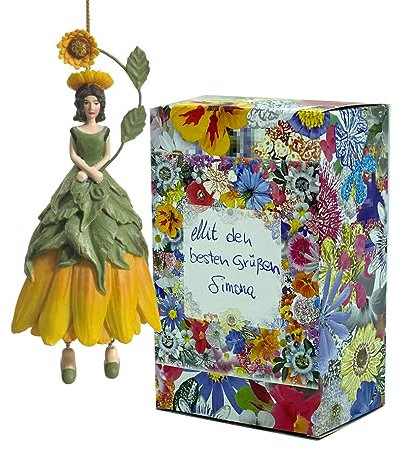 Fiebiger Floristik Blumen-Mädchen Sonnenblumenmädchen gelb-grün zum Hängen Elfen-Dekofigur Flower Fairy Figur Blumenfigur Skulptur Blumenkinder in Geschenk-Box
