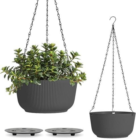 T4U Φ25cm Blumenampel Plastik 2er Set, Hängeampel mit Ketten, Blumenampel mit Bewässerungssystem zum Garten Wohnzimmer Blumenampel Außen für Hängetopf für Pflanzen, Blumentopf Hängend Schwarz Matt
