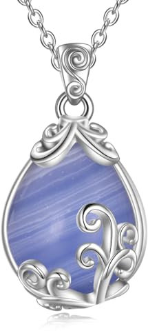 POPLYKE Blue Lace Achat Halskette Sterling Silber Blue Lace Achat Filigran Teardrop Anhänger Kette Edelstein Kristall Schmuck Geschenke für Frauen