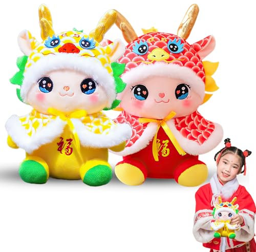 Poupée en Peluche Dragon Jouet Nouvel an Chinois 2024 Lucky Fluffy Peluche Toys, Animal en Peluche Dragon Mascotte de l'Année du Dragon pour Enfant Festival de Printemps Cadeau d'anniversaire (Jaune)