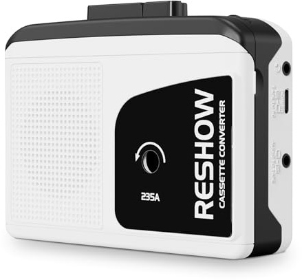 Reshow Portable Cassette Player with Built-in Speaker and Headphone Jack, USB C Cassette to MP3 Converter, Reverse Recording to tape, Cassette Recorder with AM FM, Full Stereo Sound-White