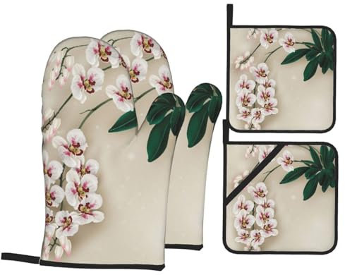 Bell Orchid Ofenhandschuhe und Topflappen Sets - Hitzebeständige Handschuhe für sicheres und stilvolles Kocherlebnis, Grillen und Grillhandschuhe, 4er-Set