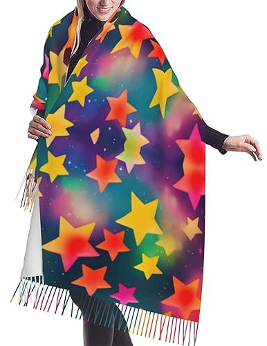 FWJZDSP Bunte Regenbogen-Sterne-Kaschmir-Schal mit Fransen, Plüsch-Kaschmir-Imitat-Schal mit einzigartigem einseitigen Druck, warmer Winter-Schal