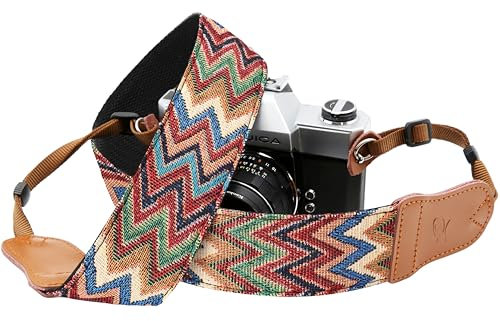 Padwa Lifestyle Camera Strap - 2 Cowhide Head Camera Straps for Photographers,Vintage Jacquard Embroidery Woven Cotton Adjustable Shoulder Neck Straps for Cameras,Binoculars(Cool Ethnic Style Waves)