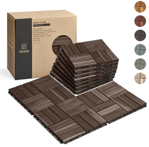 THYOI 10 piastrelle ad incastro in legno di acacia, 30,5 x 30,5 cm, impermeabili, per patio, interni ed esterni, giardino, balcone (giunto quadrato, espresso)