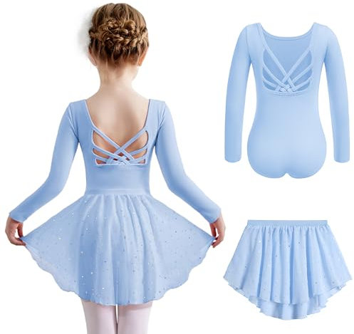 Arshiner Abiti da Balletto Ragazze Abiti da Balletto a Maniche Lunghe Abiti da Ballo in Cotone Abito da Balletto Body da Balletto per Bambini con Gonna in Tulle Blu 5-6 Anni