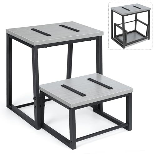 LIANTRAL Sgabello a 2 gradini per adulti e bambini, in legno resistente, con struttura in metallo, può contenere fino a 158,8 kg di capacità, sgabello pieghevole 2 in 1 per letto alto, cucina, camper