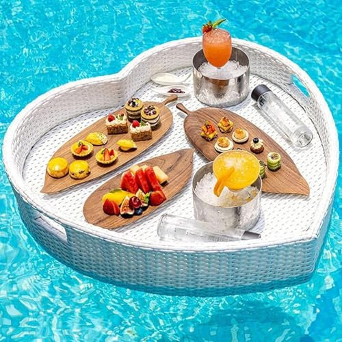 PRMTYUP Pool Tray, Floating Tray with Handle, Rattan Floating Serving Tray, Multi-Purpose Dining Tray, Floating Serving Trays Table Bar, for Pool Service Drinks Brunch Food,Weiß,80 * 80cm