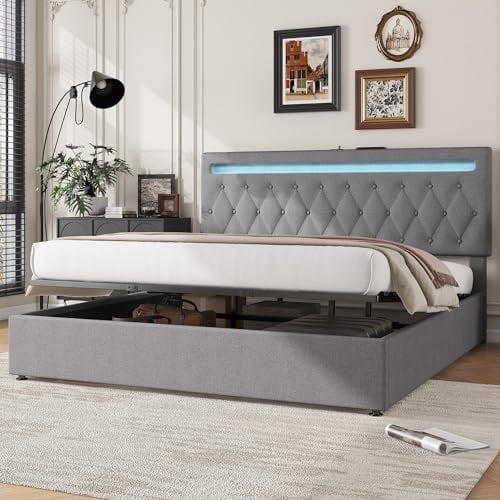 KEYIDE Polsterbett 180x200 mit LED und USB, Boxspringbett mit hydraulisches Bettkasten, Bett mit Lattenrost, Großer Stauraum, Doppelbett Jugendbett Stauraumbett, Ohne Matratze (Grau, 180x200cm)